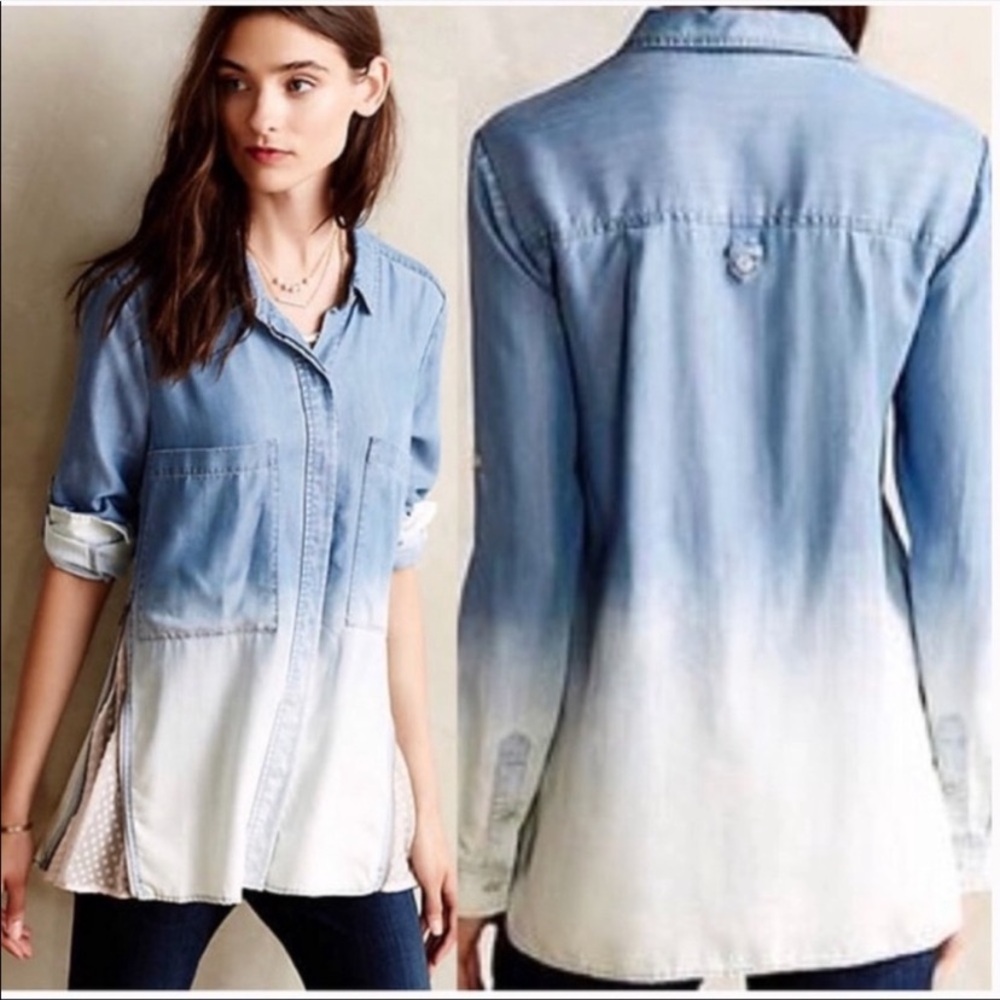 HOLDING HORSES Chambray and White Ombré Button Down Shirt Size 2 Western Boho